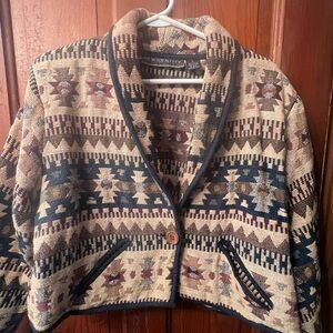Geometric Patterned Jacket with Button Closure tapestry western chic xl